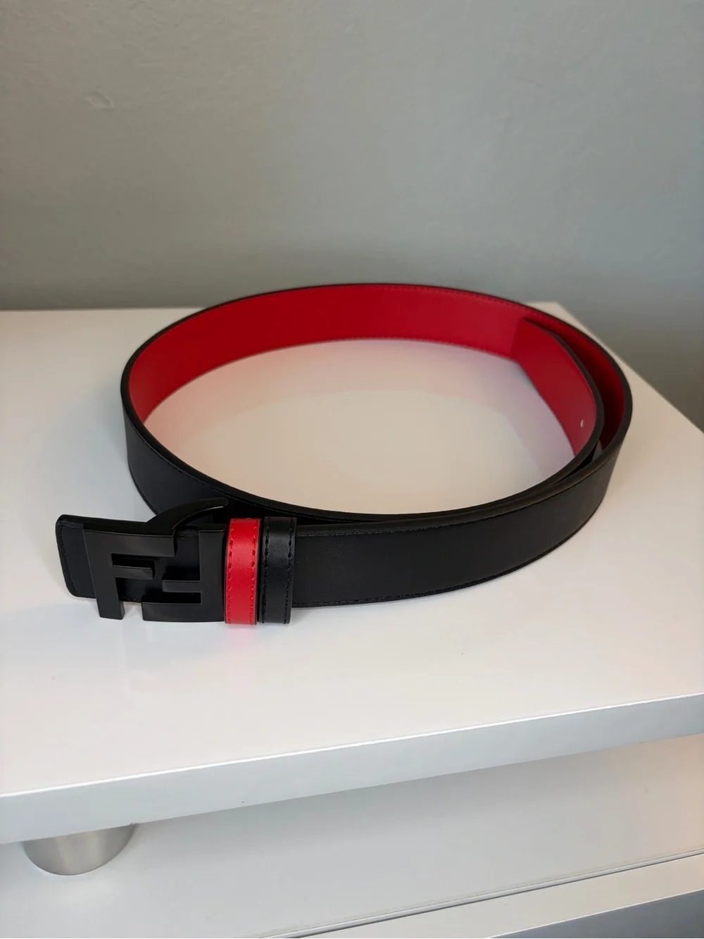 Mens Black and Red FF Genuine Leather Belt Fits Waist 35-37